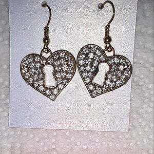 CRYSTAL Rhinestone Heart Key lock Dangle Earrings on ssear wires NEW